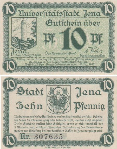  Бона. Германия. Йена 10 пфеннигов 1917 год (вариант 2). Нотгельд. (XF) 