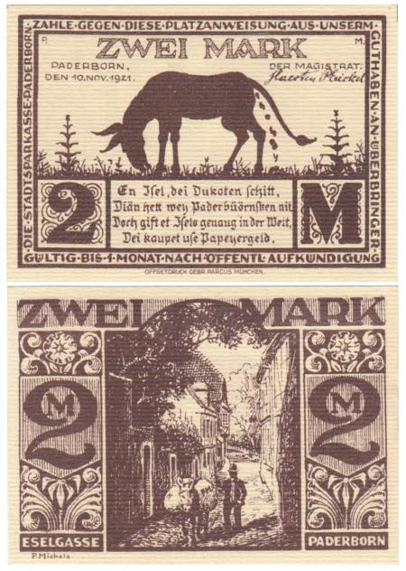  Бона. Германия. Падерборн 2 марки 1921 год. Нотгельд. (XF) 