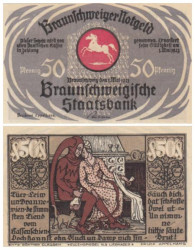 Бона. Германия. Брауншвейг 50 пфеннигов 1921 год. Шут и дама. Нотгельд. (XF)