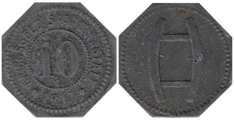 Германия. Раштатт. 10 пфеннигов 1917 год. Малый герб. Нотгельд. 