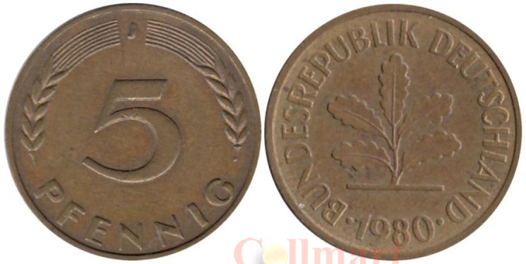  ФРГ. 5 пфеннигов 1980 год. (J) 