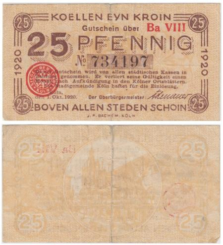  Бона. Германия. Кёльн 25 пфеннигов 1920 год. Нотгельд. (VG) 