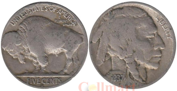  США. 5 центов 1937 год. Индеец. Бизон. (D) 