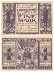 Бона. Германия. Падерборн 1 марка 1921 год. Нотгельд Евангельской церковной кассы. (XF)