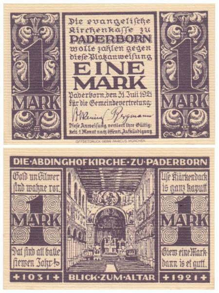  Бона. Германия. Падерборн 1 марка 1921 год. Нотгельд Евангельской церковной кассы. (XF) 