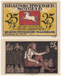 Бона. Германия. Брауншвейг 25 пфеннигов 1921 год. Шут. Нотгельд. (XF)