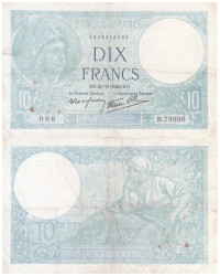 Бона. Франция 10 франков 1940 год. Минерва. (VG)