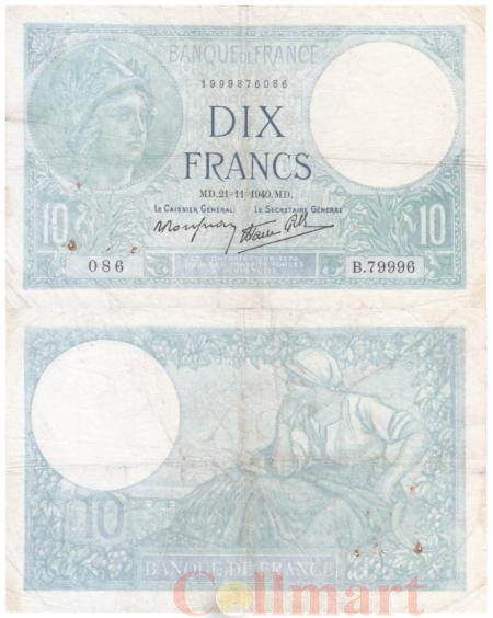  Бона. Франция 10 франков 1940 год. Минерва. (VG) 