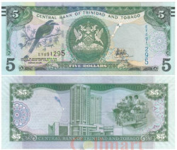 Бона. Тринидад и Тобаго 5 долларов 2017 год. Синешапочный момот. (XF-AU)