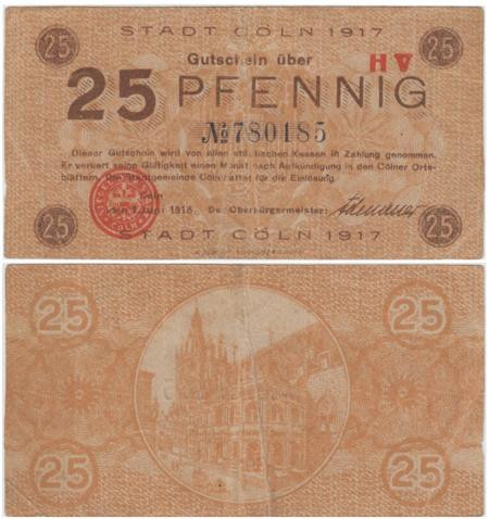  Бона. Германия. Кёльн 25 пфеннигов 1917 год. Нотгельд. (VG) 