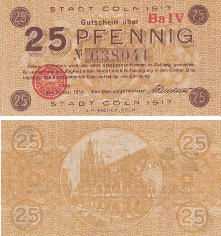  Бона. Германия. Кёльн 25 пфеннигов 1917 год. Нотгельд. (XF) 