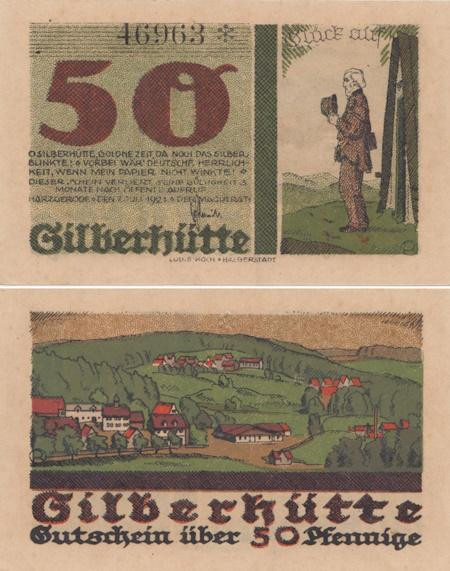  Бона. Германия. Харцгероде 50 пфеннигов 1921 год. Панорама города. Нотгельд зеленый. (XF) 