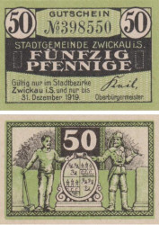 Бона. Германия. Цвиккау 50 пфеннигов 1919 год. Нотгельд. (XF)
