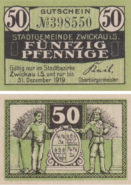  Бона. Германия. Цвиккау 50 пфеннигов 1919 год. Нотгельд. (XF) 