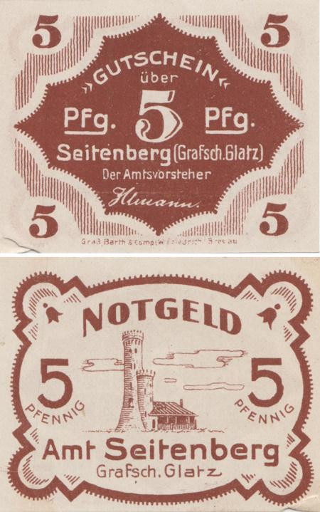  Бона. Германия (Польша). Зайтенберг (Строне-Слёнске) 5 пфеннигов без года. Нотгельд. (VF) 