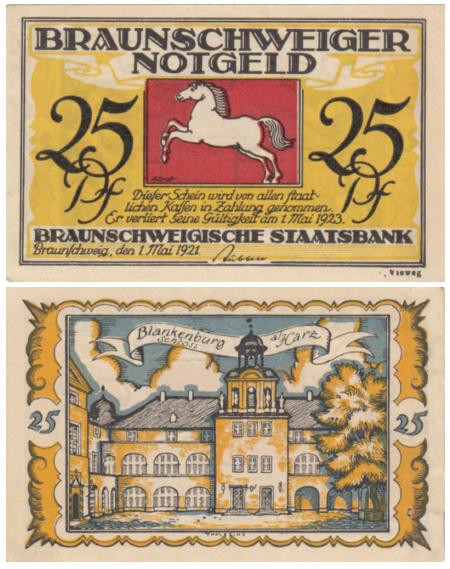  Бона. Германия. Брауншвейг 25 пфеннигов 1921 год. замок Бланкенбург. Нотгельд. (XF) 