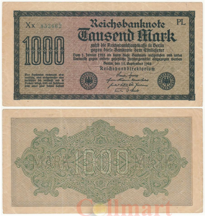  Бона. Германия 1.000 марок 1922 год. PL. (VF) 