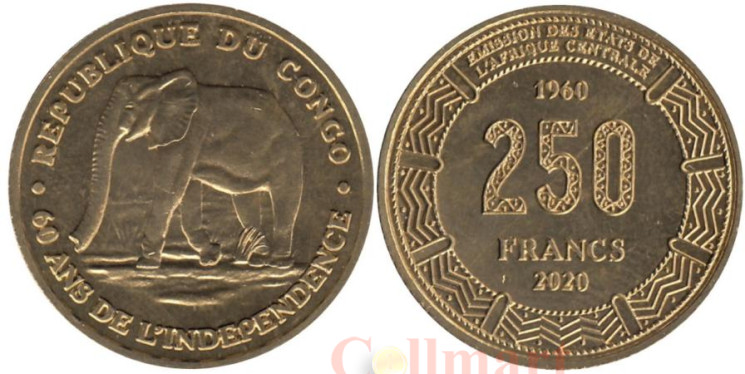  Республика Конго. 250 франков 2020 год. 60 лет независимости. Слон. 
