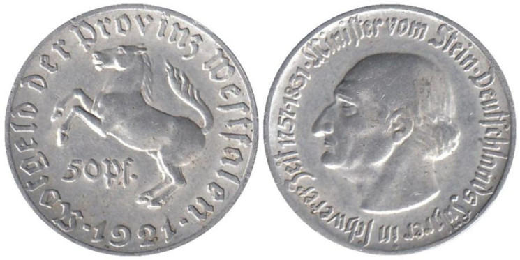  Германия. Вестфалия. 50 пфеннигов 1921 год. Лошадь. Министр фон Штейн. Нотгельд. 