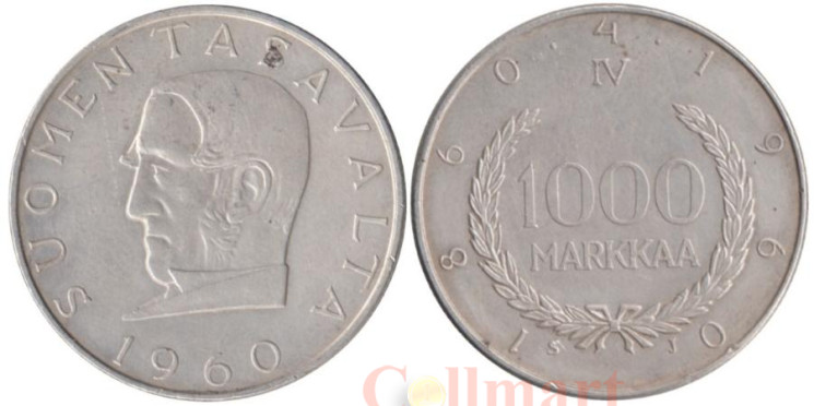  Финляндия. 1000 марок 1960 год. 100 лет валютной системе Снелльмана. 