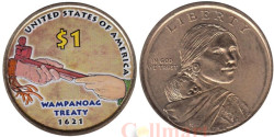 США. 1 доллар Сакагавея 2011 год. Договор с Вампаноагами. (цветное покрытие)