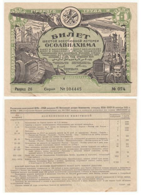  Лотерейный билет. СССР 1 рубль 1931 год. 6-я Всесоюзная лотерея "ОСОАВИАХИМА". (VF) 