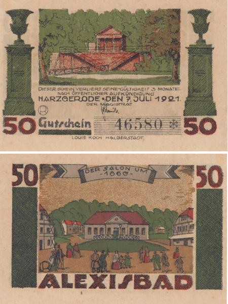  Бона. Германия. Харцгероде 50 пфеннигов 1921 год. Алексисбад. Нотгельд зеленый. (XF) 