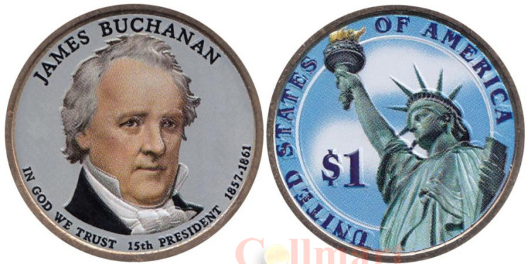 США. 1 доллар 2010 год. 15-й президент Джеймс Бьюкенен (1857-1861). цветное покрытие. 
