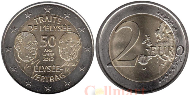  Франция. 2 евро 2013 год. 50 лет подписания Елисейского договора. 