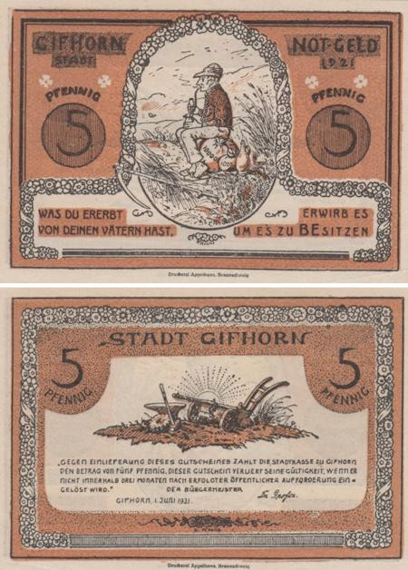  Бона. Германия. Гифхорн 5 пфеннигов 1921 год. Нотгельд. (XF) 
