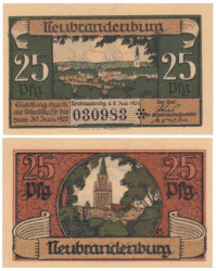 Бона. Германия. Нойбранденбург 25 пфеннигов 1921 год. Шпиль церкви Святой Марии. Нотгельд. (XF)