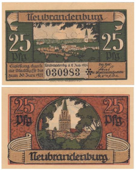  Бона. Германия. Нойбранденбург 25 пфеннигов 1921 год. Шпиль церкви Святой Марии. Нотгельд. (XF) 