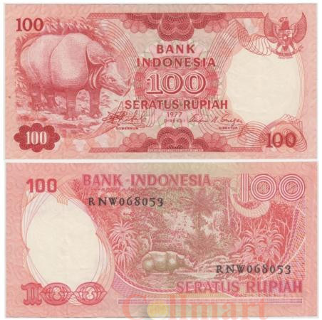  Бона. Индонезия 100 рупий 1977 год. Носорог. (VF) 