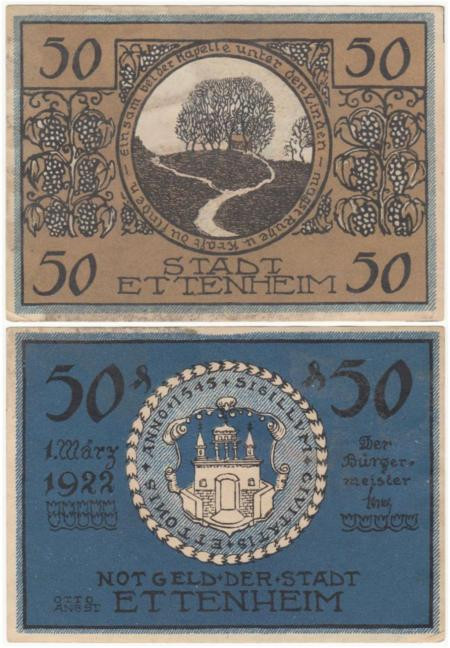  Бона. Германия. Эттенхайм 50 пфеннигов 1922 год. Нотгельд - Одинокая часовня. (XF-VF) 