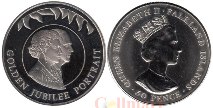  Фолклендские острова. 50 пенсов 2002 год. Золотой юбилей - Двойной портрет: Елизавета II и Филипп. 