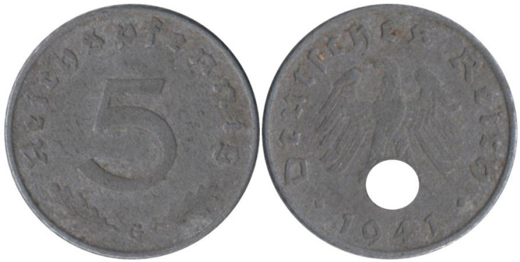  Германия - Третий рейх. 5 рейхспфеннигов 1941 год. (G) 
