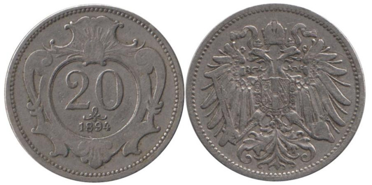  Австрия. 20 геллеров 1894 год. 