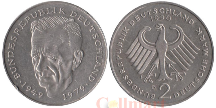  Германия (ФРГ). 2 марки 1990 год. Курт Шумахер, 30 лет Федеративной Республике (1949-1979). (D) 