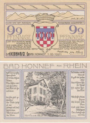 Бона. Германия. Бад-Хоннеф 99 пфеннигов 1921 год. Дом. Нотгельд. (XF)