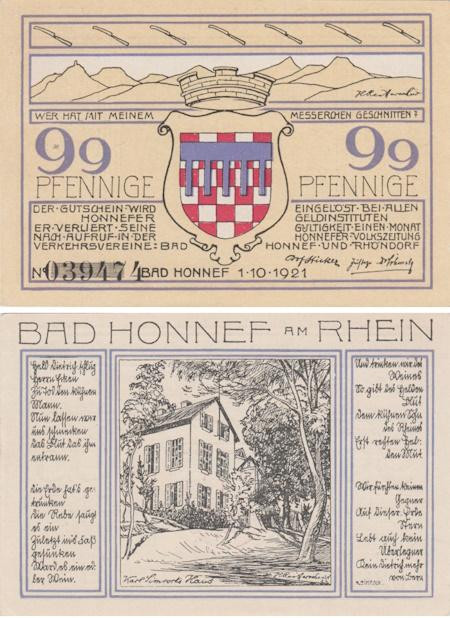  Бона. Германия. Бад-Хоннеф 99 пфеннигов 1921 год. Дом. Нотгельд. (XF) 