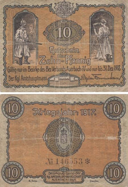  Бона. Германия. Ауэрбах 10 пфеннигов 1917 год. Нотгельд. (F) 