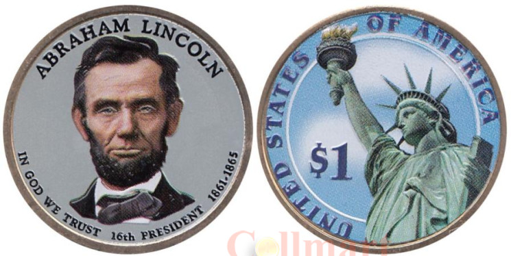  США. 1 доллар 2010 год. 16-й президент Авраам Линкольн (1861-1865). цветное покрытие. 
