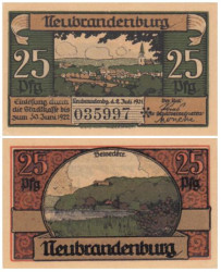 Бона. Германия. Нойбранденбург 25 пфеннигов 1921 год. Вид на город Нойбранденбург. Нотгельд. (XF)