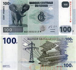Бона. Конго (ДРК) 100 франков 2013 год. Слон. (Пресс)