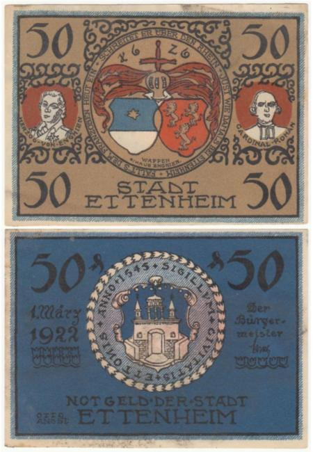  Бона. Германия. Эттенхайм 50 пфеннигов 1922 год. Нотгельд - Герцог Энгиенский и Кардинал фон Роган. (XF-VF) 