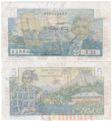 Бона. Французская Гвиана 5 франков 1947 год. Парусник "La Boudeuse", Луи Антуан де Бугенвиль. (G-VG)