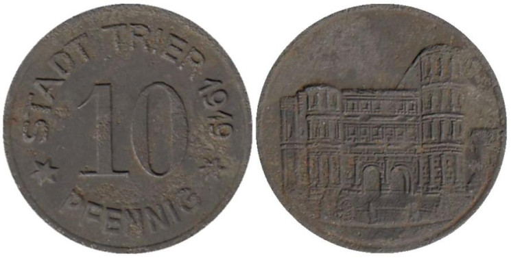  Германия. Трир. 10 пфеннигов 1919 год. Замок. Нотгельд. 