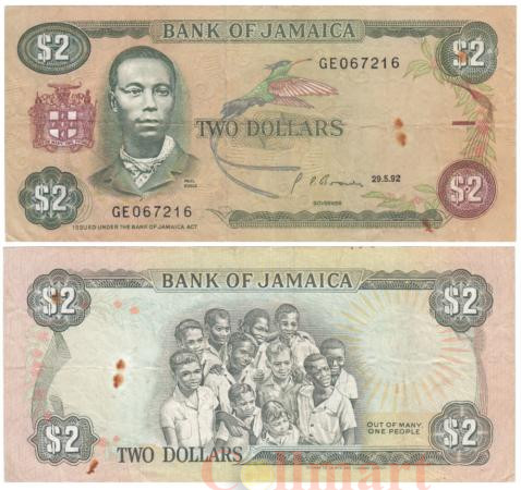  Бона. Ямайка 2 доллара 1992 год. Пол Богл. (F-VF) 