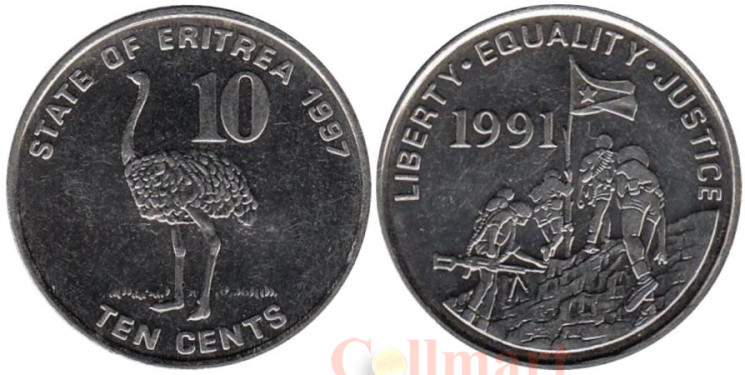 Эритрея. 10 центов 1997 год. Страус. 