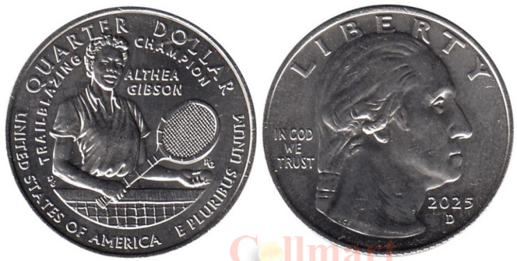  США. 25 центов 2025 год. 20-я монета. Американские женщины - Алтея Гибсон. (D) 